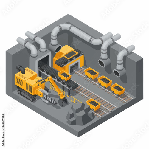 Industrial Mining Excavator and Conveyor Belt System.