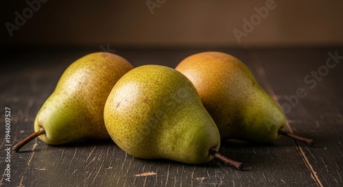 Pears Image of Trio of Ripe Greenish-Yellow Fruits with Speckled Skin on Rustic Dark Wood for Seasonal or Culinary Themes