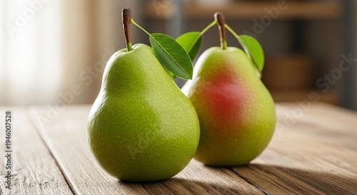 Pears Image of Two Ripe Green Pears with Red Blush and Attached Leaves on Rustic Wooden Surface for Seasonal or Nutritional Visuals