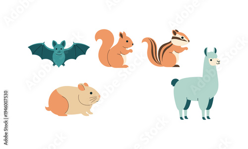 Whimsical illustration of five adorable and diverse animals