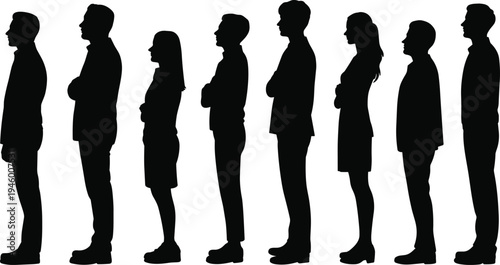 Silhouette business professionals, diverse corporate team, men and women, standing in line, workplace communication, teamwork, leadership, organization illustration