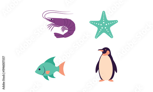 Four aquatic and antarctic creatures in a simple illustration