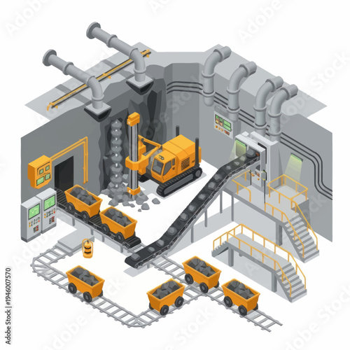 Isometric Industrial Mining Operation with Conveyor Belt and Carts.