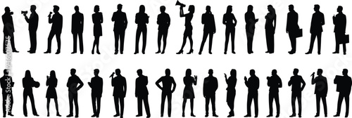 Silhouette business professionals, diverse corporate team, men and women, holding microphones, megaphones, briefcases, workplace communication, teamwork, leadership illustration