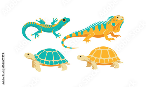Colorful reptiles and turtles in a vibrant illustration
