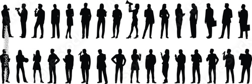 Silhouette business professionals, diverse corporate team, men and women, holding microphones, megaphones, briefcases, workplace communication, teamwork, leadership concept illustration