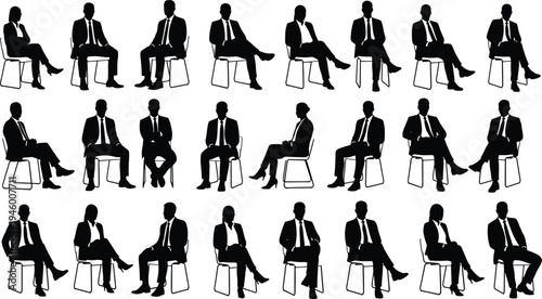 Business people sitting silhouettes collection, professional men women seated poses, corporate interview meeting concept, office characters illustration set