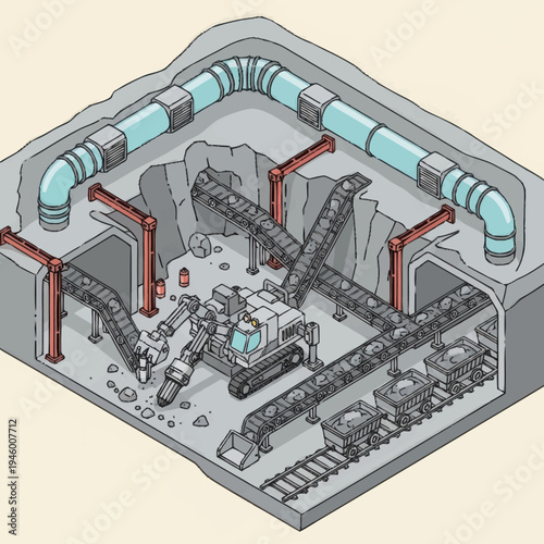 Mining Excavator and Conveyor System in Underground Operation.