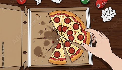 Pizza Box Illustration of Cartoon Style Pepperoni Pizza with Crumbs, Soda Bottles, and Hand Reaching for Slice