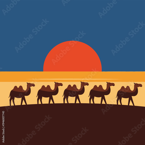 Camels Walking Desert Sunset Scene.