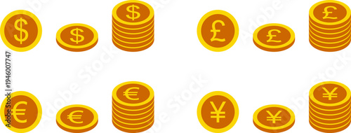 Gold Currency Coins Set Dollar Euro Yen Pound Money Vector Isolated on Transparent Background
