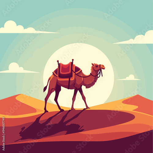 Camel Walking on Desert Dunes.