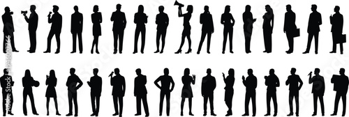 Silhouettes of business professionals, standing, speaking, presenting, holding briefcases, microphones, megaphones, teamwork, leadership, communication, corporate diversity, illustration concept