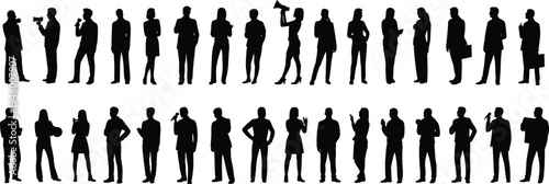 Business professional silhouettes standing, speaking, presenting, holding briefcases, megaphones, microphones, teamwork, leadership, communication, corporate diversity illustration