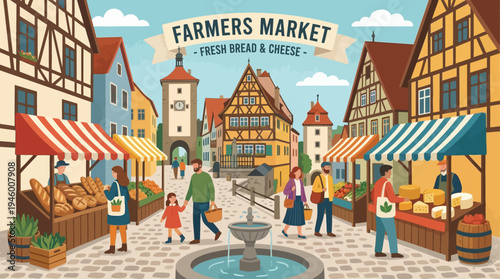 European Town Square Farmers Market Vector