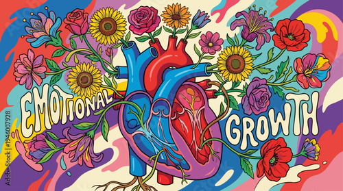 Surreal Human Heart with Flowers Growth Vector