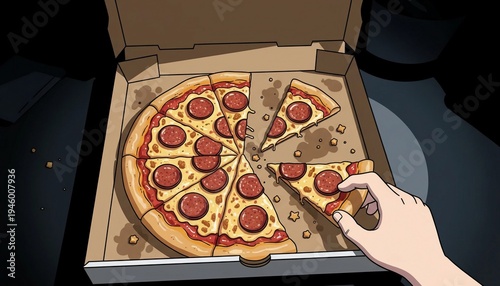 Pizza Image of Hand Grabbing Slice from Open Box of Pepperoni Pizza with Grease Stains and Missing Slices