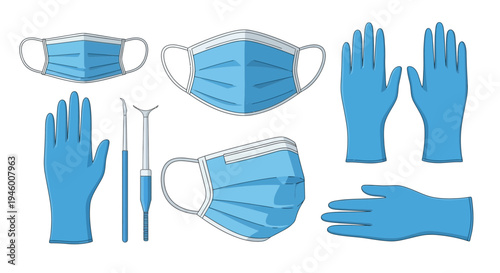 Medical Equipment Illustration: Masks, Gloves, and Surgical Tools for Healthcare
