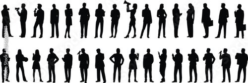 Business people silhouettes set, professional men and women standing poses, corporate teamwork leadership concept, isolated vector illustration collection