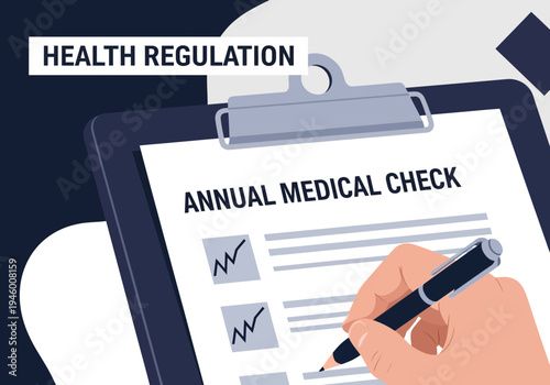 Medical Examination and Health Regulation Illustrated on a Clipboard with Text and Hand