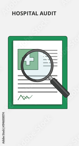 Medical Examination and Hospital Audit Review Process with Magnifying Glass Illustration