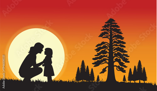 Silhouette of parent and child at sunset, family bonding in nature landscape vector.