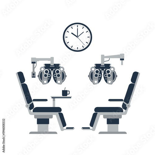 Medical Examination Room Depicting Ophthalmology Instruments And Appointment Timekeeping