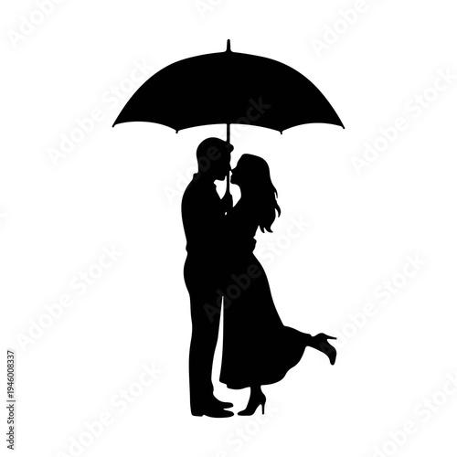 Romantic Couple Standing Under Umbrella Silhouette