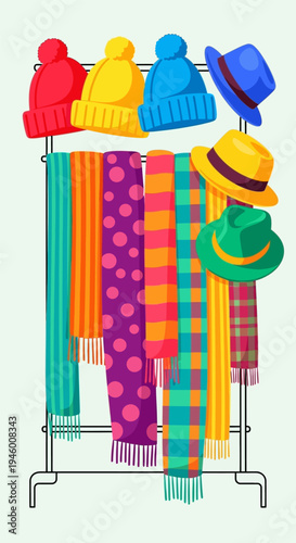 Colorful Hats and Scarves Display.