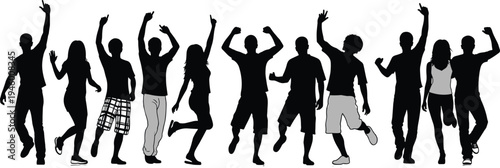 Dancing people silhouettes group, energetic youth jumping celebration poses, party crowd movement, music festival lifestyle illustration set