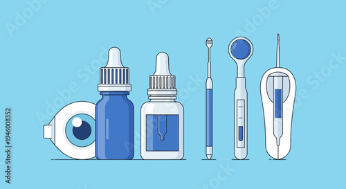 Medical Eye Care Products And Instruments On A Light Blue Background Design