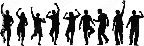 Dancing people silhouettes collection, energetic men women party poses, celebration movement figures, music festival lifestyle illustration set
