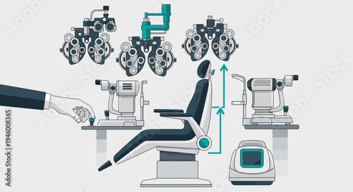 Medical Eye Exam Equipment: Illustration of Ophthalmological Technology and Examination Process