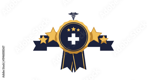 Medical Excellence Award Badge With Stars And Ribbon On A White Background
