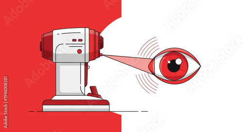 Medical Eye Exam Machine Analyzing Red Eye with Diagnostic Laser Beam Illustration