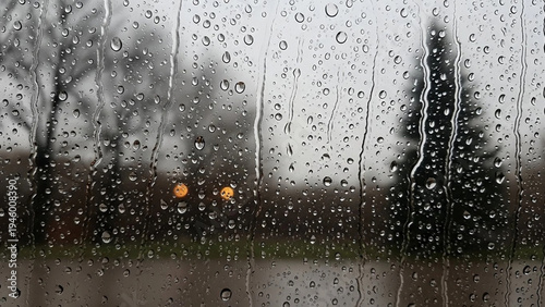Rain on Glass Illustration of Water Droplets Streaming Down Window with Soft-Focused Outdoor Lights and Trees
