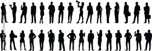 Silhouettes of professional business people standing, holding briefcases, megaphones, presenting, teamwork, communication, leadership, corporate diversity, workplace collaboration, success