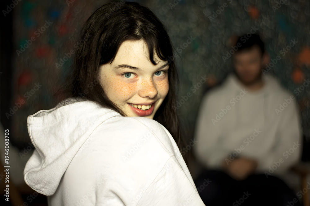Fototapeta premium Smiling young girl with freckles in a cozy setting, warm colors and relaxed mood, focusing on her joyful expression.