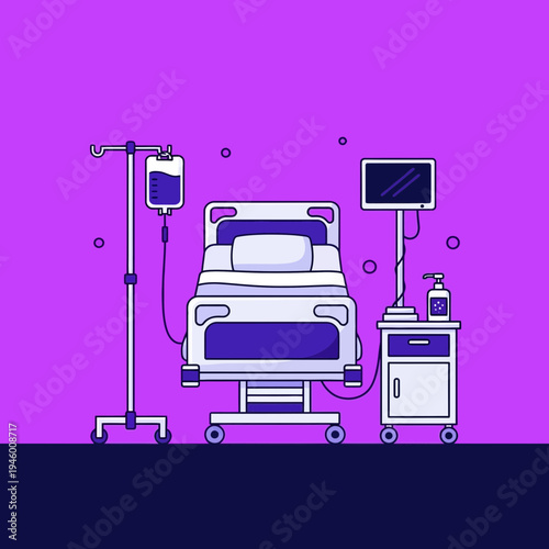 Medical Facility Illustration Depicting Hospital Bed, Drip, Monitor, and Sanitizer with Modern