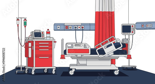 Medical Facility Illustration Depicting Hospital Bed, Equipment, and Curtains in a Patient Room