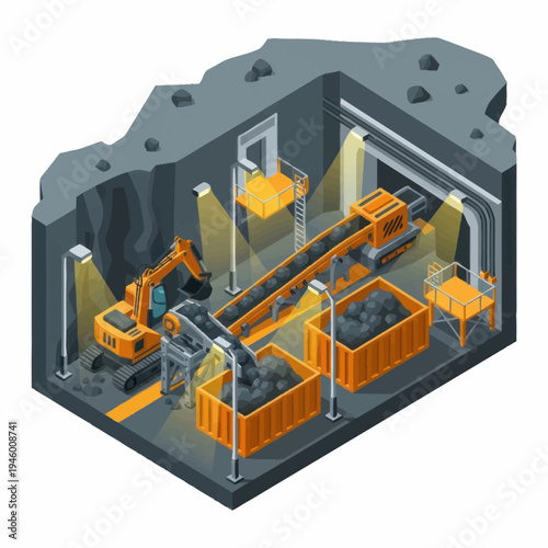 Industrial Mining Excavation and Conveyor System Illustration.