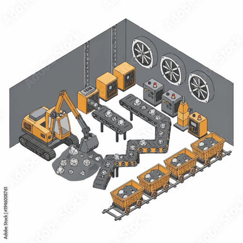 Industrial Mining and Processing Facility with Excavator and Conveyor System.