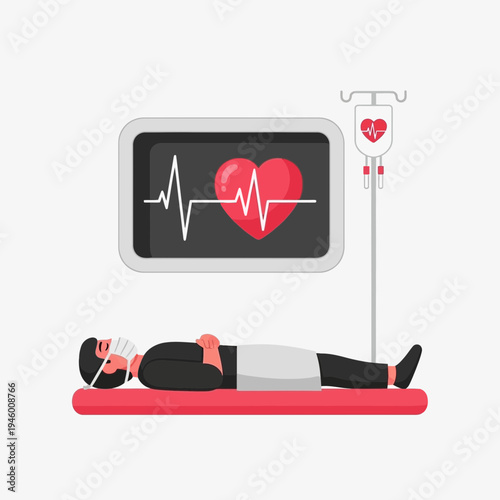 Medical Illustration Featuring Patient Monitoring and Intravenous Drip in a Clinical Setting