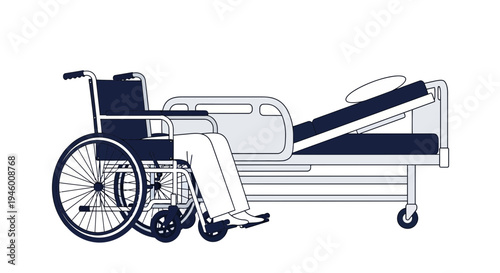 Medical Facility Illustration Depicting Patient, Wheelchair, and Hospital Bed, Minimalist Design