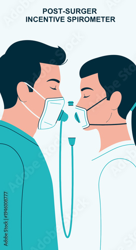 Medical Illustration Featuring Patients Using Incentive Spirometer for Post-Surgery Breathing