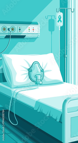 Medical Illustration Featuring Oxygen Mask and Hospital Bed for Healthcare Concept Presentation