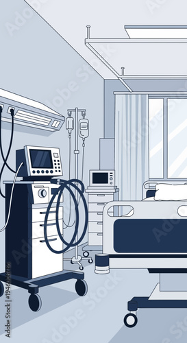 Medical Facility Illustration Showcasing Advanced Equipment Within A Sterile Patient Room