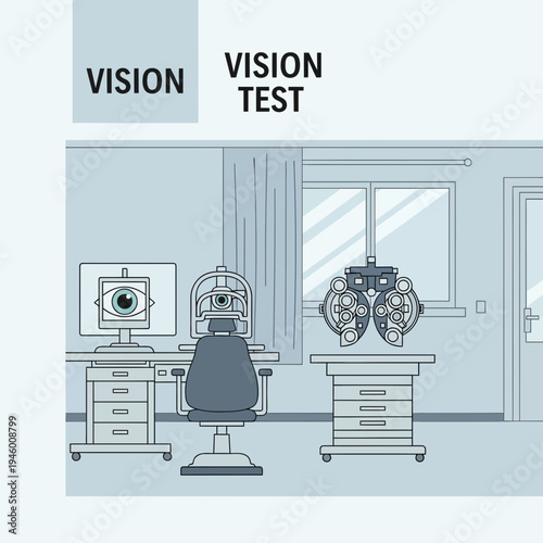 Medical Illustration Depicting a Modern Ophthalmology Clinic Vision Examination and Testing
