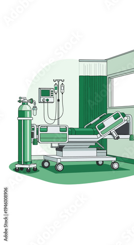 Medical Facility Illustration Showcasing Patient Bed, Oxygen Tank, And Vital Signs Monitor