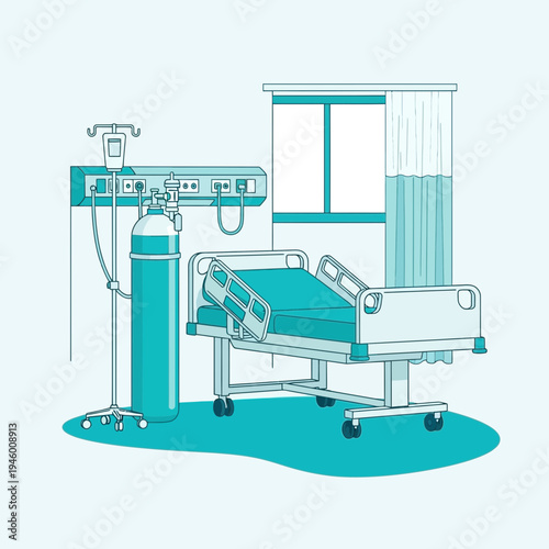 Medical Facility Illustration Showcasing Oxygen Tank, Hospital Bed, And Therapeutic Equipment
